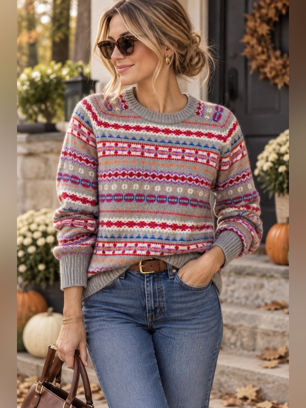 J.Crew Fair Isle Sweater Womens L 100% Wool Gray Multicolor Nordic Knit